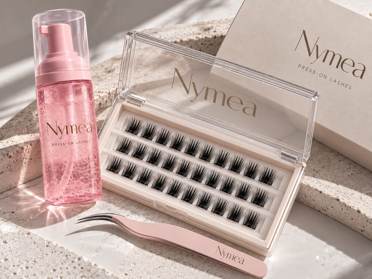 Kit Élégance Nyméa – faux cils pré-collés, pince et mousse nettoyante