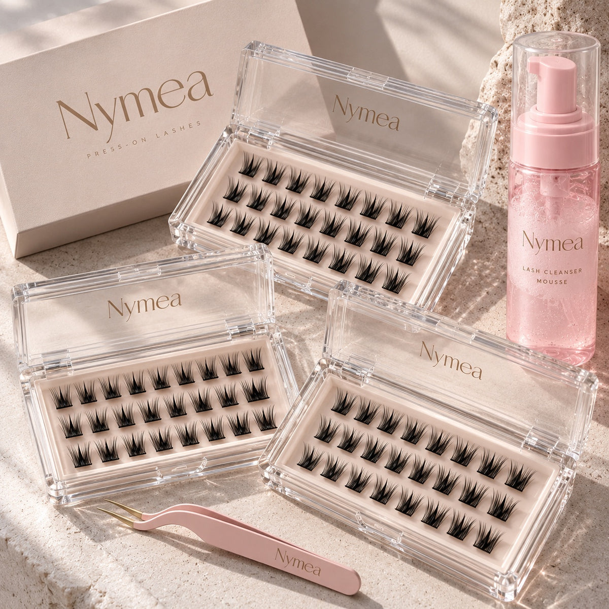 Kit Prestige Nyméa – trois styles de faux cils pré-collés, pince et mousse